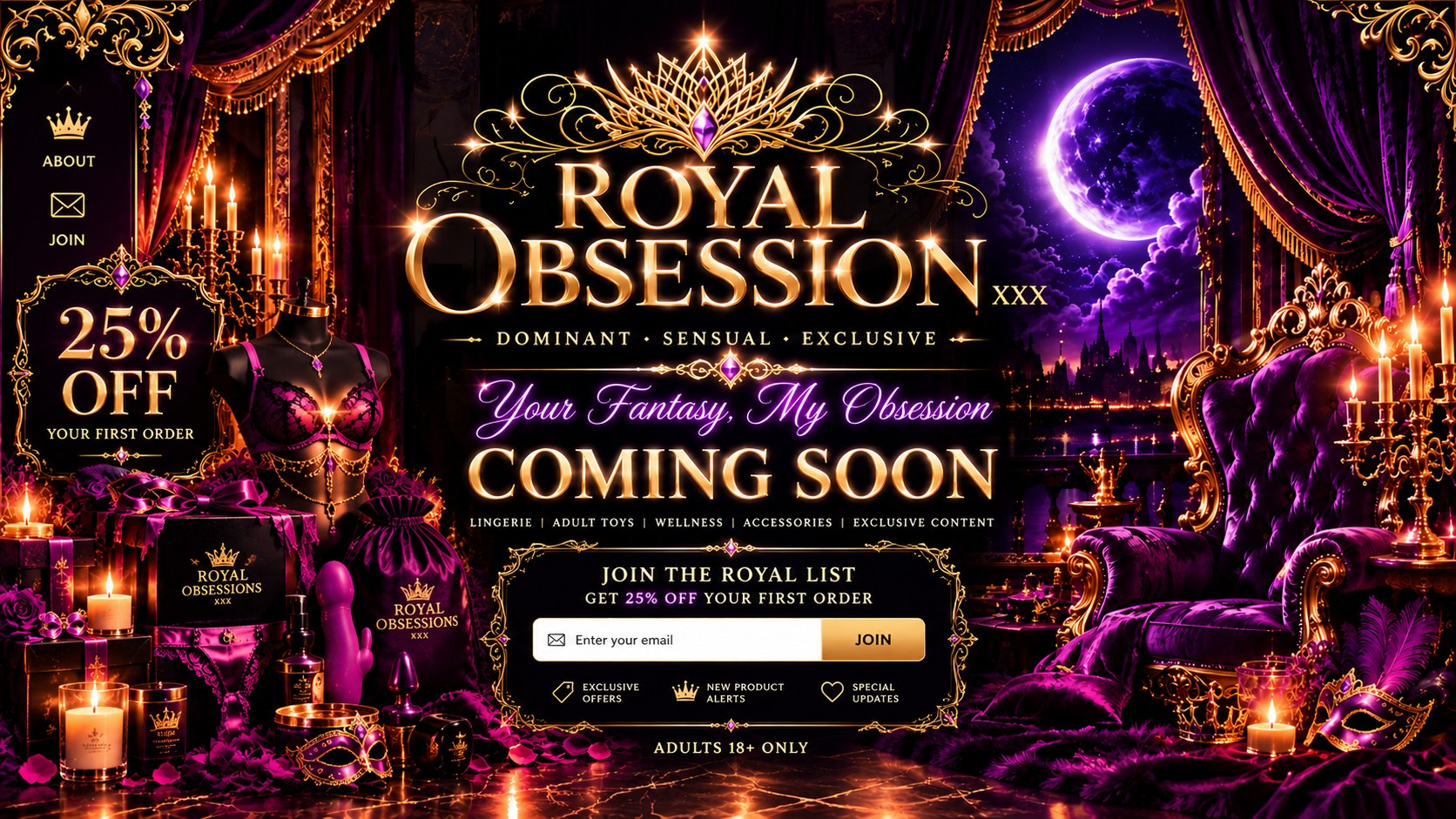 Royal Obsessions XXX purple and gold masquerade boutique. A golden crown, velvet royal throne, moonlit curtains, elegant lingerie and gifts with the words Coming Soon and Your Fantasy, My Obsession.